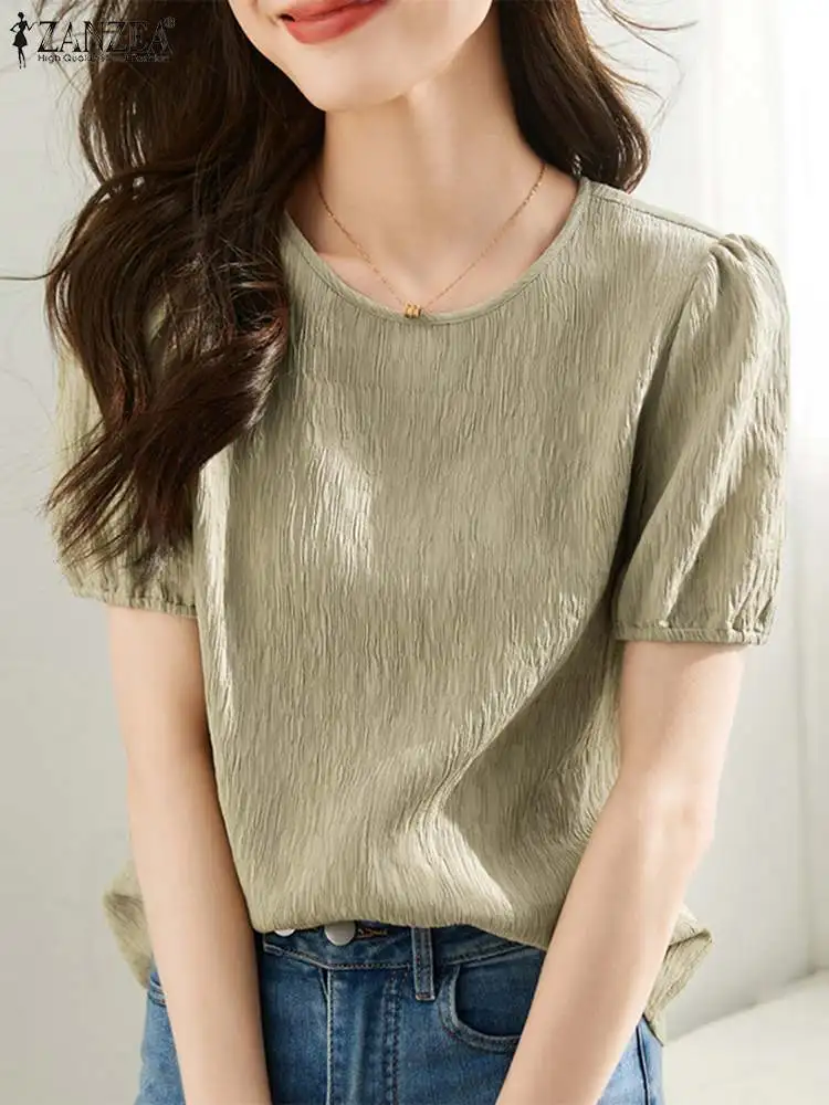 

ZANZEA Loose Women Blouse Short Sleeve Holiday Oversized Korean Fashion Tunic Tops Solid Casual Textured Fabric O-neck Shirts