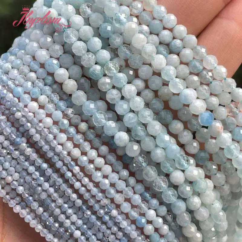 

2/3/4mm Round Faceted Blue Aquamarine Small Natural Stone Seed Spacer Beads for DIY Charm Bracelet Necklace Jewelry Making 15"