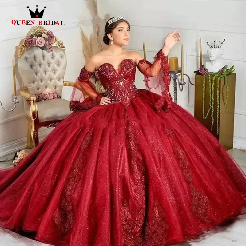 

Burgundy Quinceanera Dresses Sexy V-Neck Puffly Sleeves Applique Court Train Birthday Party Gowns Vestidos De 15 Anos VF37