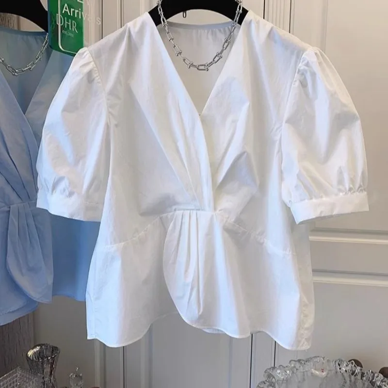 

DAYIFUN Cotton Short-sleeve Shirts Women Spring Summer French Retro Bubble Sleeve Blouses Loose V-neck Pullover Design Blusas