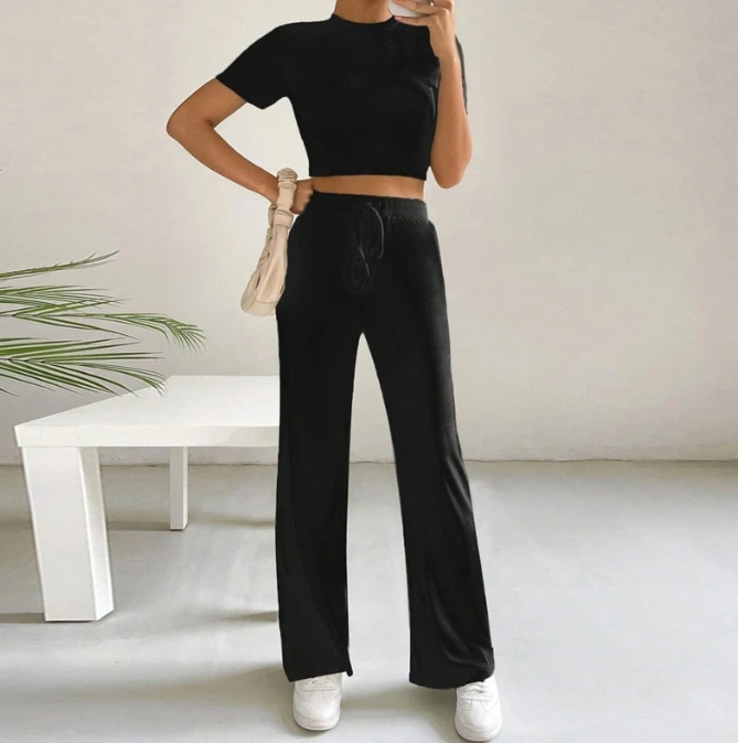 Women's Slim Knitted Short Sleeve Top & High Waist Wide-Leg Pants Set Casual Fashion Two-Piece Suit Outfits for Women
Women's Slim Knitted Short Sleeve Top & High Waist Wide-Leg Pants Set Casual Fashion Two-Piece Suit Outfits for Women