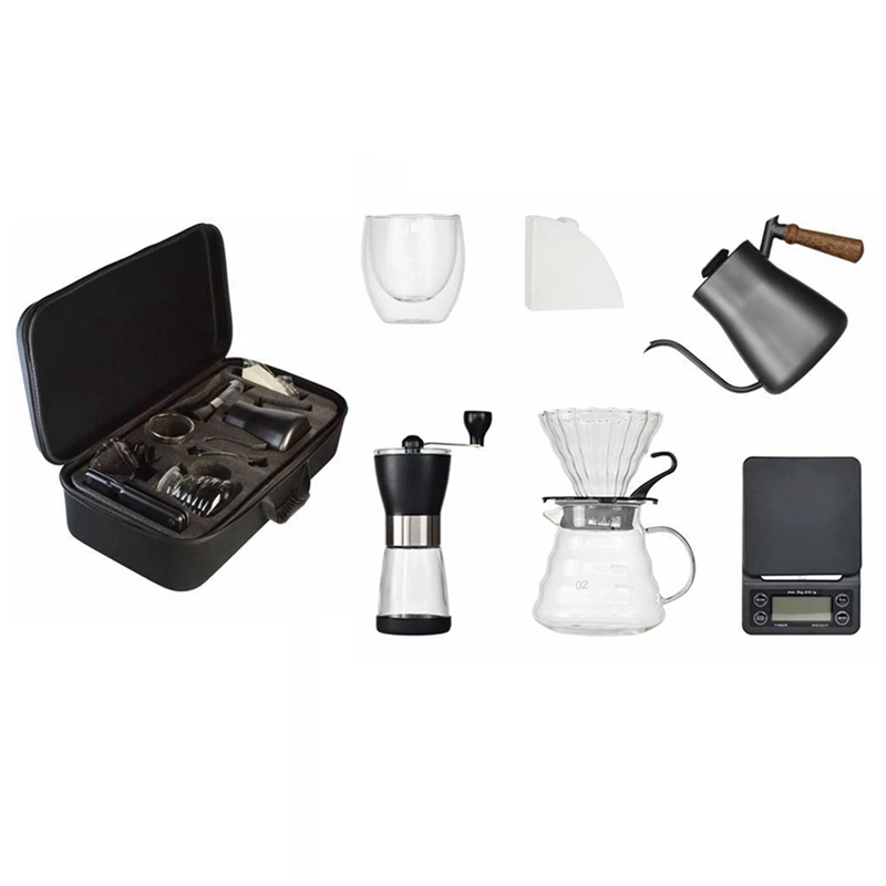 

Travel Hand Coffee Pot Pour Over Coffee Maker Set Coffee Kettle Dripping Cup Portable Bean Grinder Filter Paper 8 In1