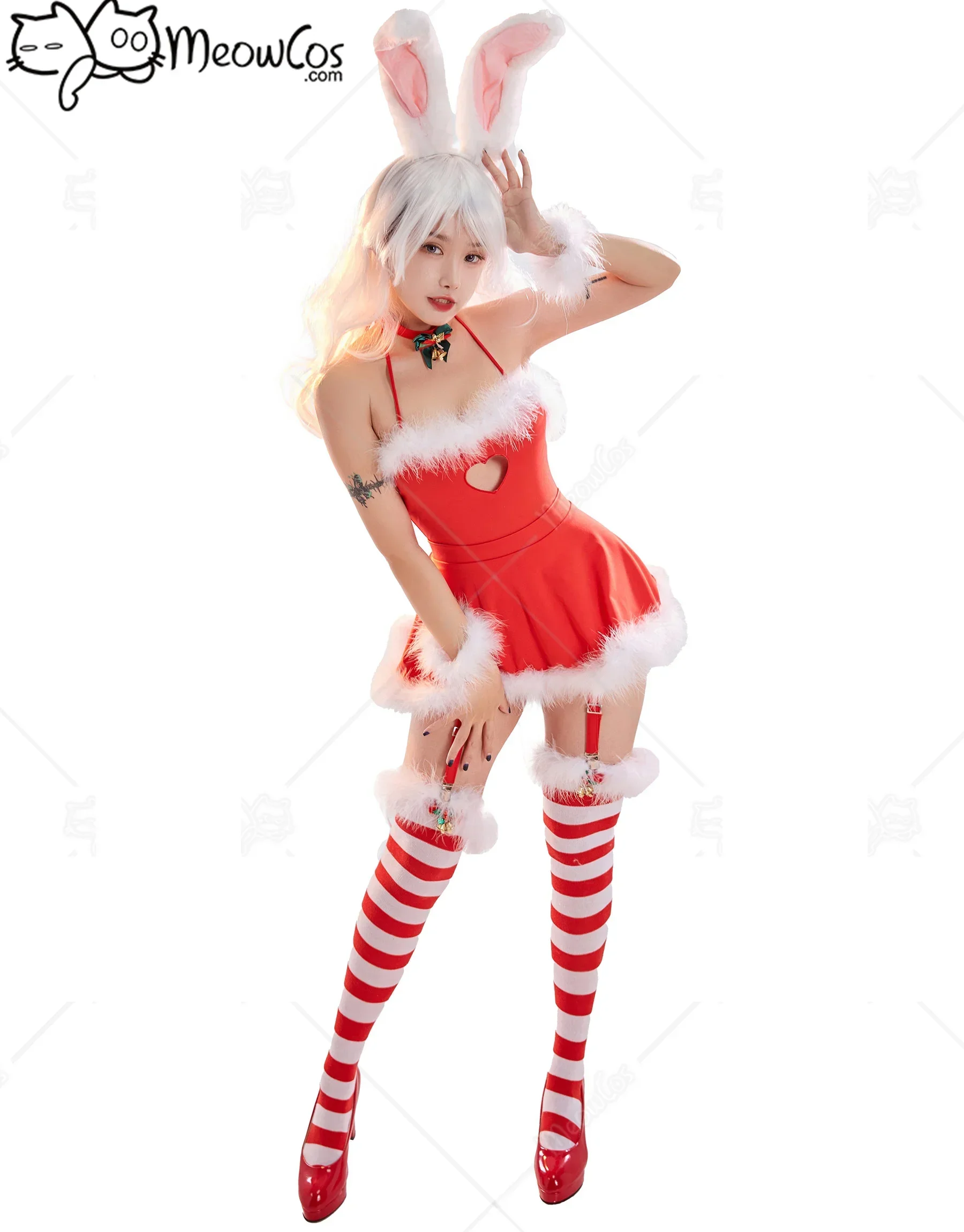 

Meowcos Рождественский кролик женское сексуальное кавайное красное нижнее белье с лямкой на шее с открытой спиной и плюшевым подолом в форме сердца вырез платье косплей костюмы
