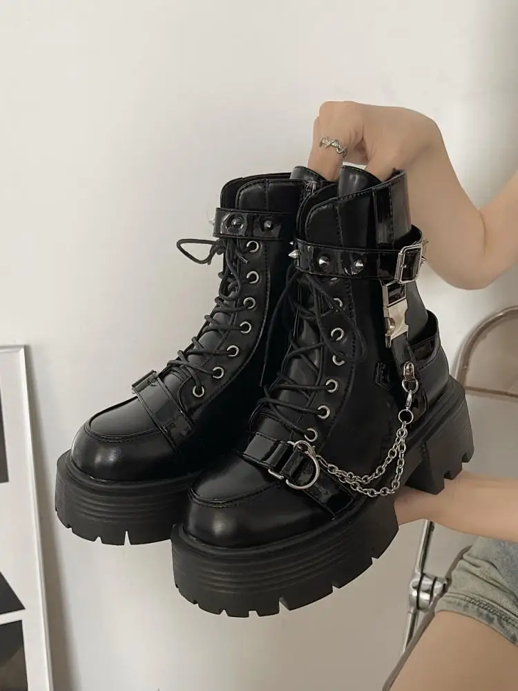 

Punk Girl Sweet Hot Girl Thick Bottom Wedge Lolita Short Boots High Heel Women Fashion Gothic Anime Fashion Lace Up Goth Shoes