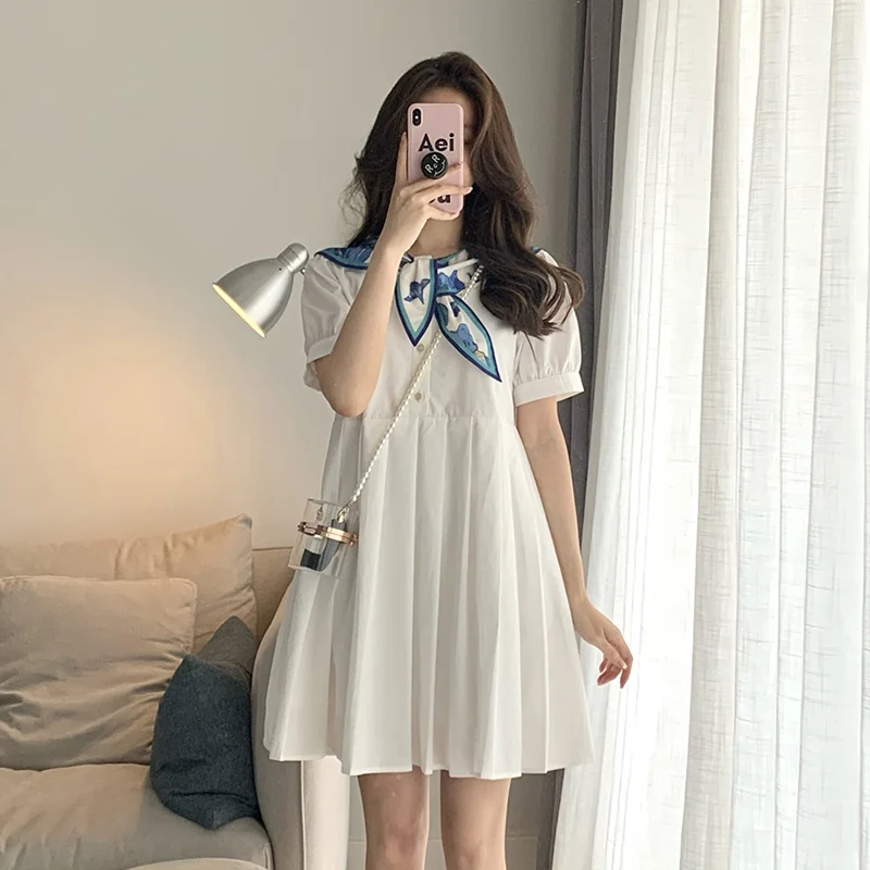 

2023 Summer Preppy Style Pregnant Woman Pleated Dress Fashion Printing Sailor Collar Maternity Pleated Dress Pregnancy Clothes
