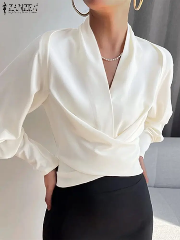 

ZANZEA Fashion Wrapped Blouses Women Elegant Long Cuff Puff Sleeve V Neck Blusas 2023 New Waisted Short Tops Irregular Shirts