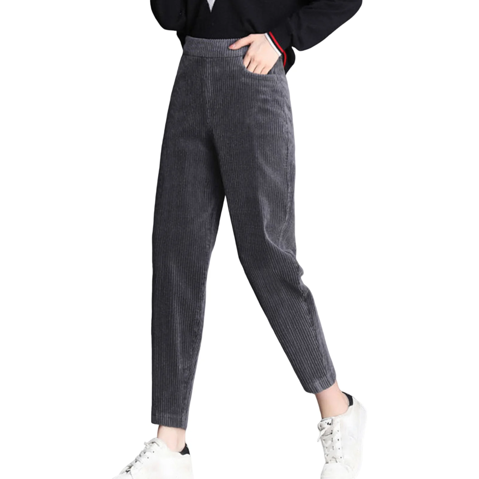 

Женские вельветовые брюки с флисовой подкладкой, теплые спортивные брюки с эластичным поясом, Брюки с карманами для школы и офиса, женская верхняя одежда