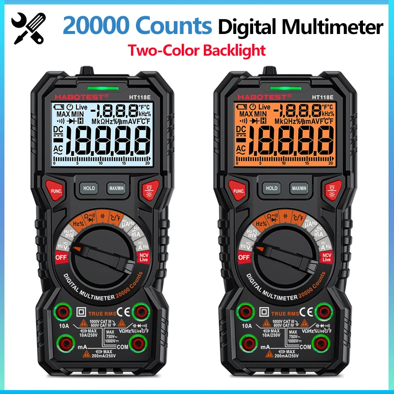 20000 Counts HT118E Digital Multimeter True RMS 1000V 10A AC/DC Voltage & Current Resistance Capacitance Temperature Test Meter
20000 Counts HT118E Digital Multimeter True RMS 1000V 10A AC/DC Voltage & Current Resistance Capacitance Temperature Test Meter