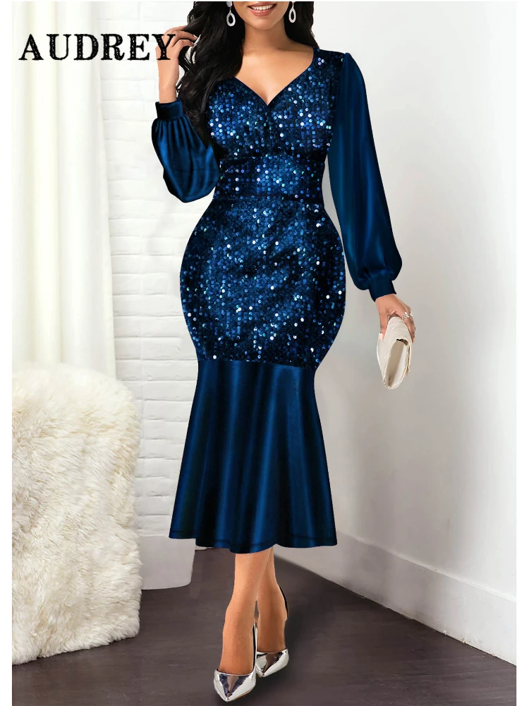 

Plus Size Sequin Cocktail Midi Black Dress Lantern Long Sleeve V-Neck Bodycon Sexy Even Party Dresses for Women Clothing 2023