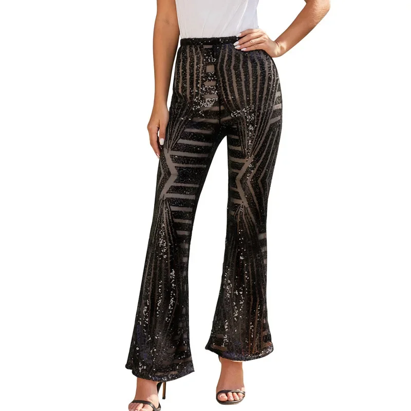 

Women Loose Wide-Leg Pants Adults Casual High-Waisted Sequin Trousers Black / Apricot / Brown / Red Blue