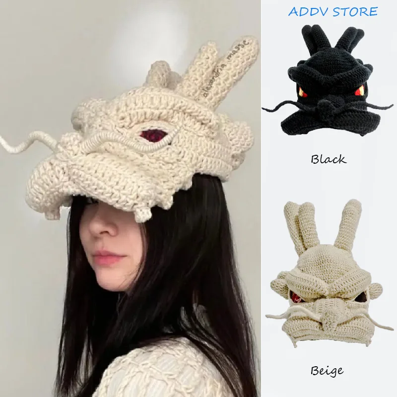 

Women's Hand-knitted Faucet Hat Chinese Dragon Style Revolver Eye Wide Brim Shade Crochet Beanie Men's Personality Cap