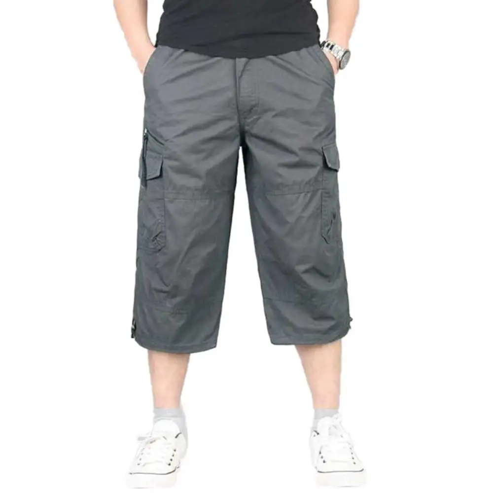 

Summer Men's Casual Cotton Cargo Shorts Overalls Long Length Multi Pocket Hot breeches Military Pants Male Cropped Pants
