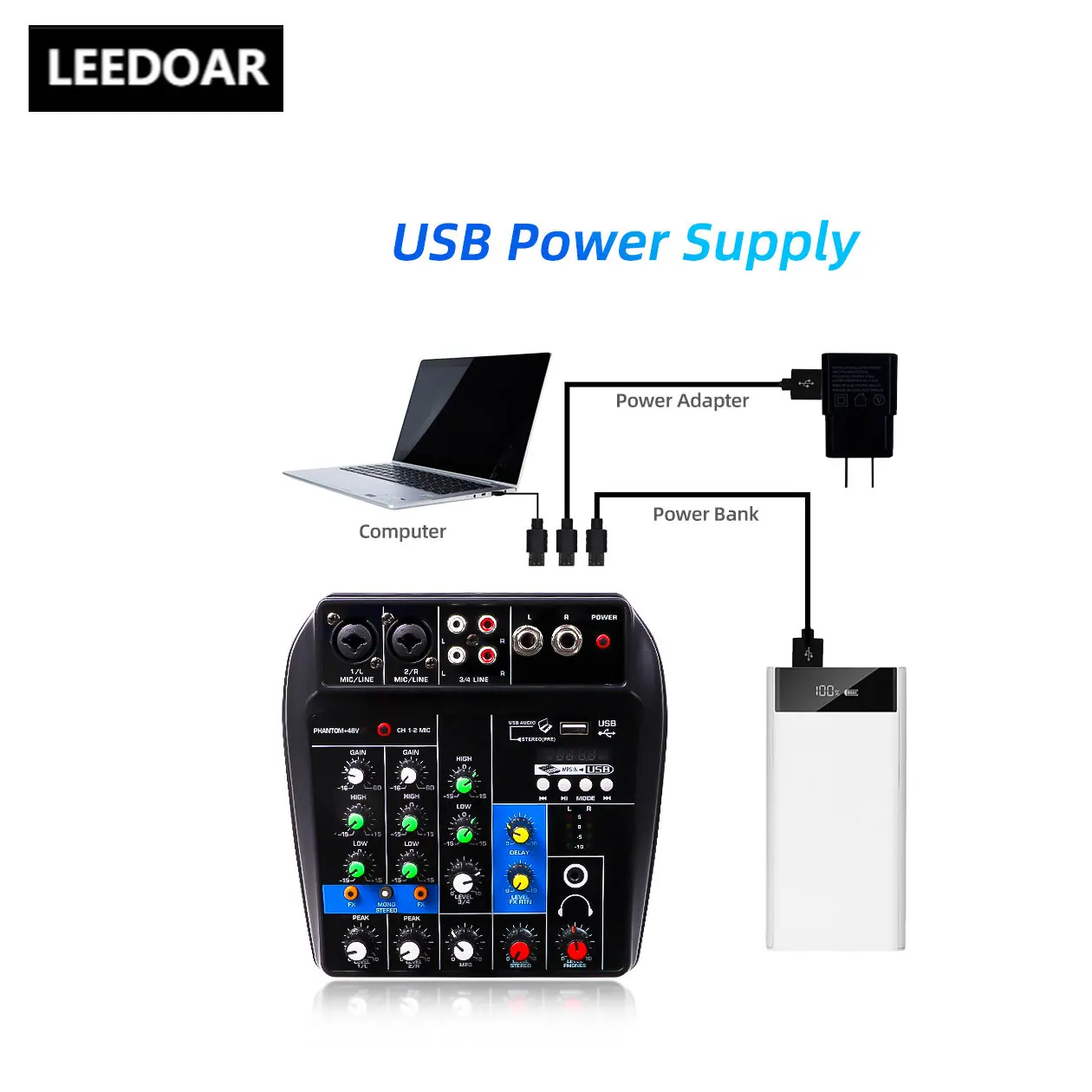 LEEDOAR 4 Channels F4 Sound Mixing Console Bluetooth USB Record Computer 48V Phantom Power Delay Repaeat Effect USB Audio Mixer
LEEDOAR 4 Channels F4 Sound Mixing Console Bluetooth USB Record Computer 48V Phantom Power Delay Repaeat Effect USB Audio Mixer