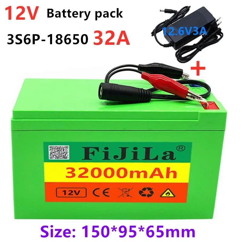 

12V 32000mAh 18650 lithium battery pack + 12.6V 3A charger, built-in 30Ah high current BMS, used for sprayer, 12V power supply