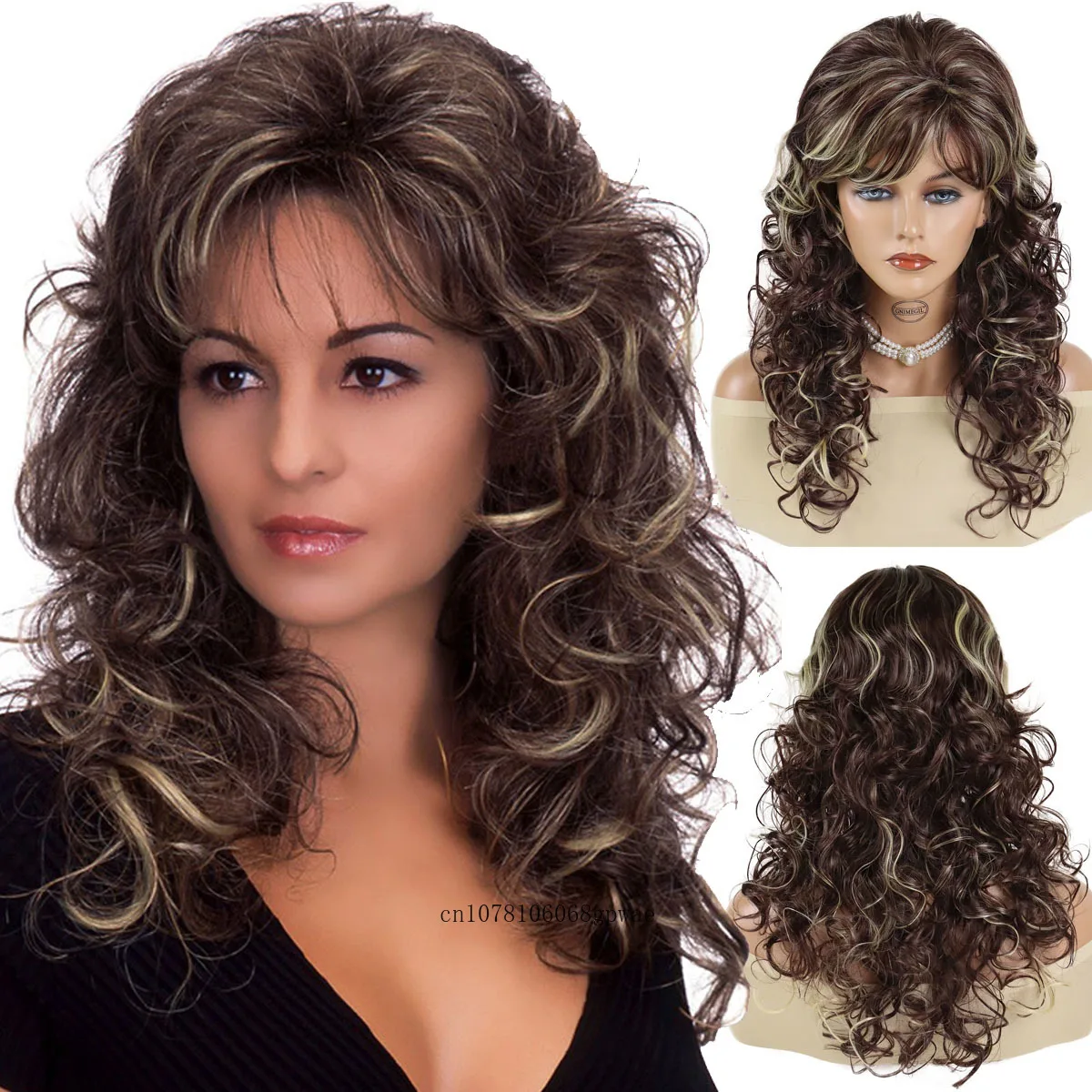 

Women's Long Curly Wig with Bangs Natural Fluffy Heat Resistant Brown Mix Blonde Highlight Wigs Charming Lady Mommy Wig Cosplay