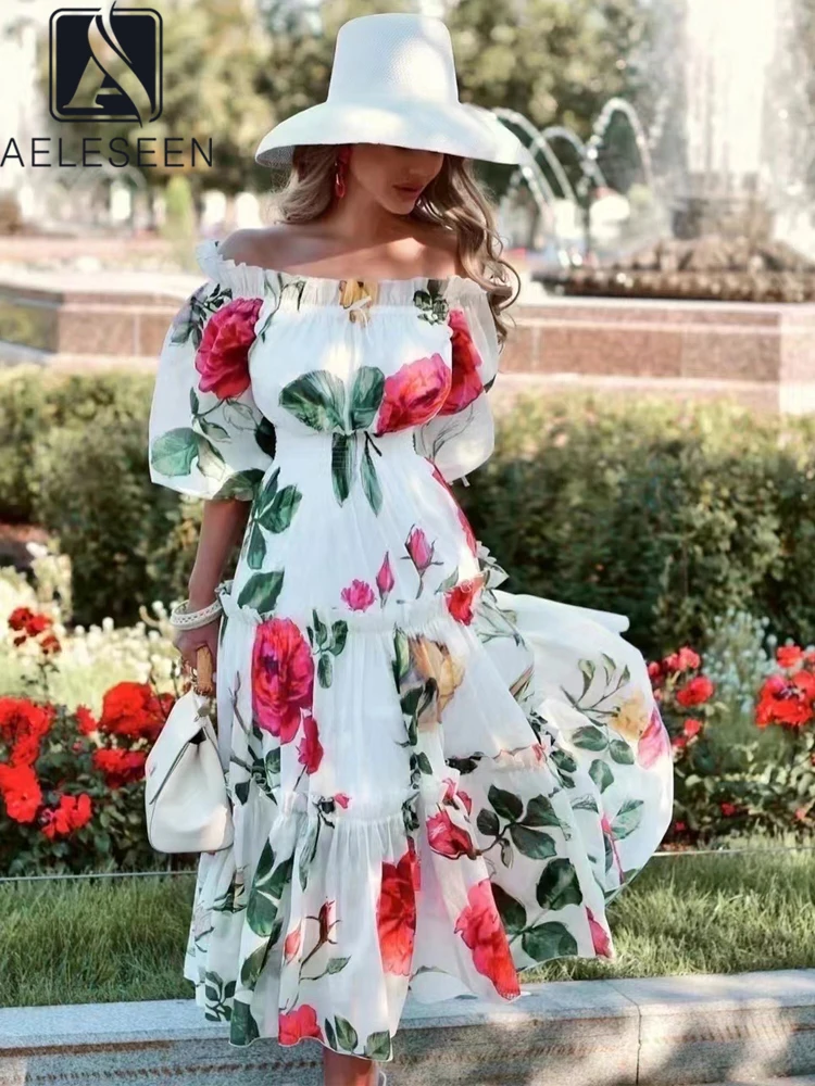 

AELESEEN Runway Fashion Summer Dress Women Sicilian Slash Neck Puff Sleeve Flower Print Waist Elastic Ruffles Long Party