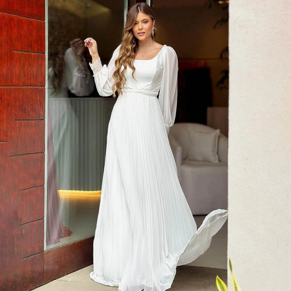 

A-line Long Sleeve Illusion Romantic Wedding Dresses For Women Square Neck Muslim Clothing Pleat Bride Gown فستان حفلات الزفاف