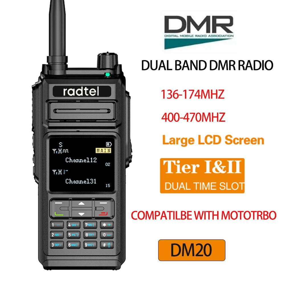 Radtel DM20 Dual Band Digital & Analog DMR Radio Tier 1+2 Dual Time Slot Long Range Walkie Talkie 136-174 & 400-400MHz 5w SMS
Radtel DM20 Dual Band Digital & Analog DMR Radio Tier 1+2 Dual Time Slot Long Range Walkie Talkie 136-174 & 400-400MHz 5w SMS