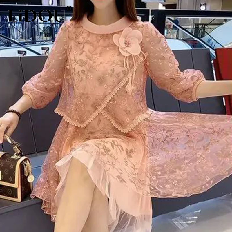 Spring Summer Women's Temperament Fake Two Pieces Embroidery Dress Ladies 3/4 Sleeve Oversized Vestidos Femme Casual Mesh Robe
Spring Summer Women's Temperament Fake Two Pieces Embroidery Dress Ladies 3/4 Sleeve Oversized Vestidos Femme Casual Mesh Robe