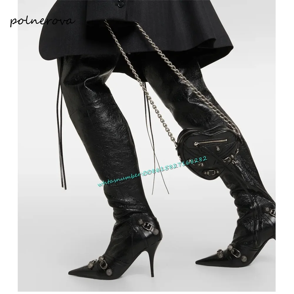 

Sexy Rivet Fringe Thigh High Boots Black Leather Pointy Toe Boot Fashion Runway Party Shoes for Women 2023 Autumn Newest Novelty