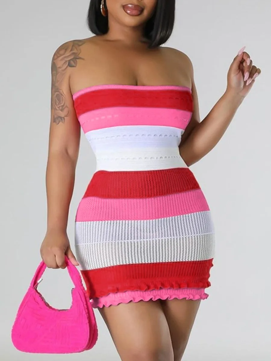 

LW SXY Off The Shoulder Striped Ruffle Trim Dress Women Summer Striped Vests Sleeveless Strapless Mini Dresses for Vacation