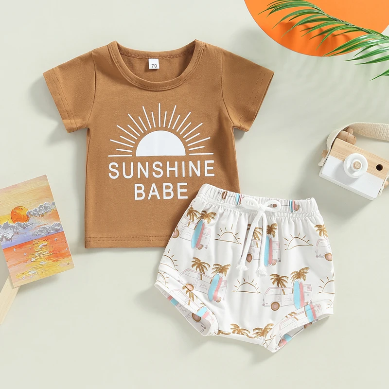 

2023-01-07 Lioraitiin 0-3Years Toddler Baby Boys Summer Outfits Short Sleeve Sun Letter Print T-Shirt + Shorts Set