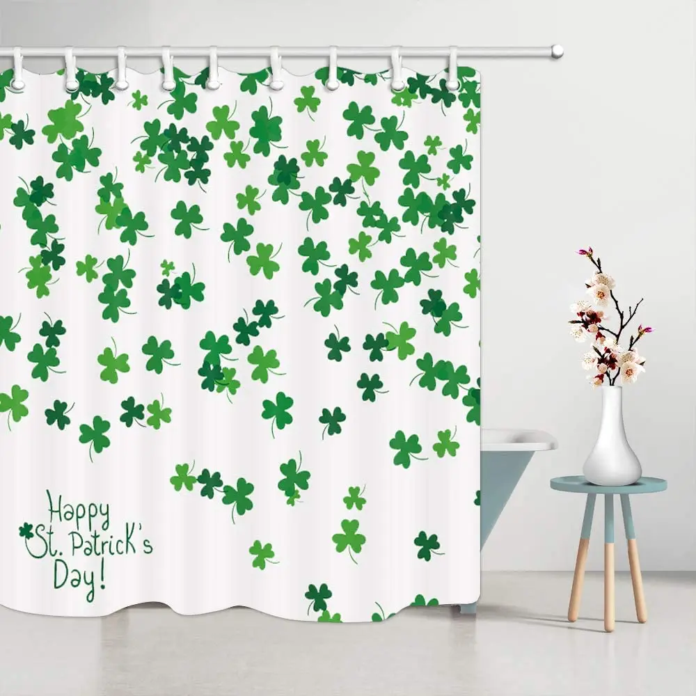 

St. Patrick's Day Clover Shower Curtain Good Luck Green Shamrock Falling Irish Party Shower Curtain Set with Shower Hooks