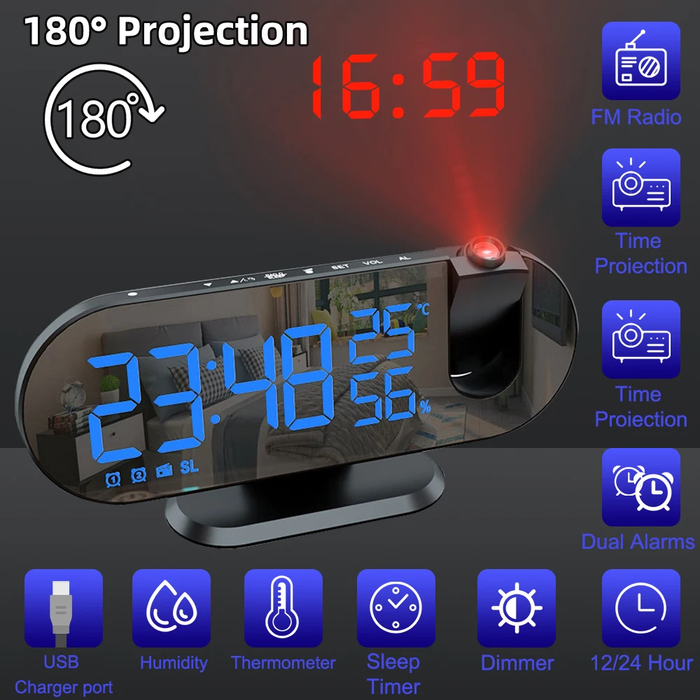 LED Digital Projection Alarm Clock Electronic Alarm Clock with 180°Projection Time Projector FM Radio Bedroom Bedside Mute Clock
LED Digital Projection Alarm Clock Electronic Alarm Clock with 180°Projection Time Projector FM Radio Bedroom Bedside Mute Clock