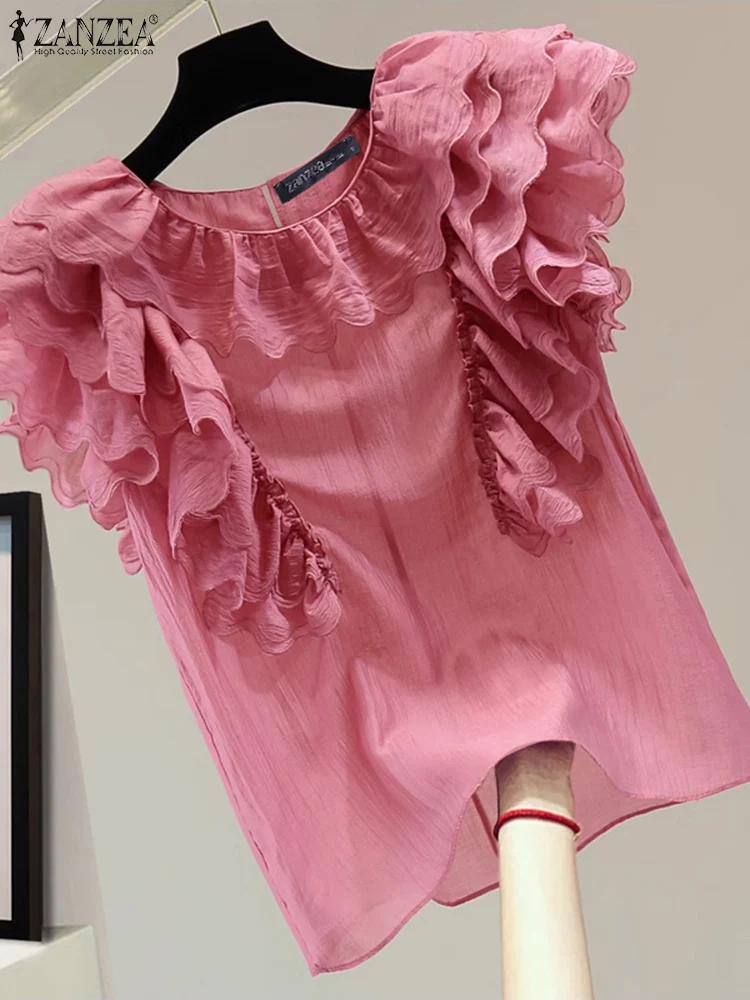 Блузка ZANZEA женская с оборками, модная туника с коротким рукавом, Повседневная Свободная рубашка с круглым вырезом, однотонная, лето 2024 
Блузка ZANZEA женская с оборками, модная туника с коротким рукавом, Повседневная Свободная рубашка с круглым вырезом, однотонная, лето 2024
