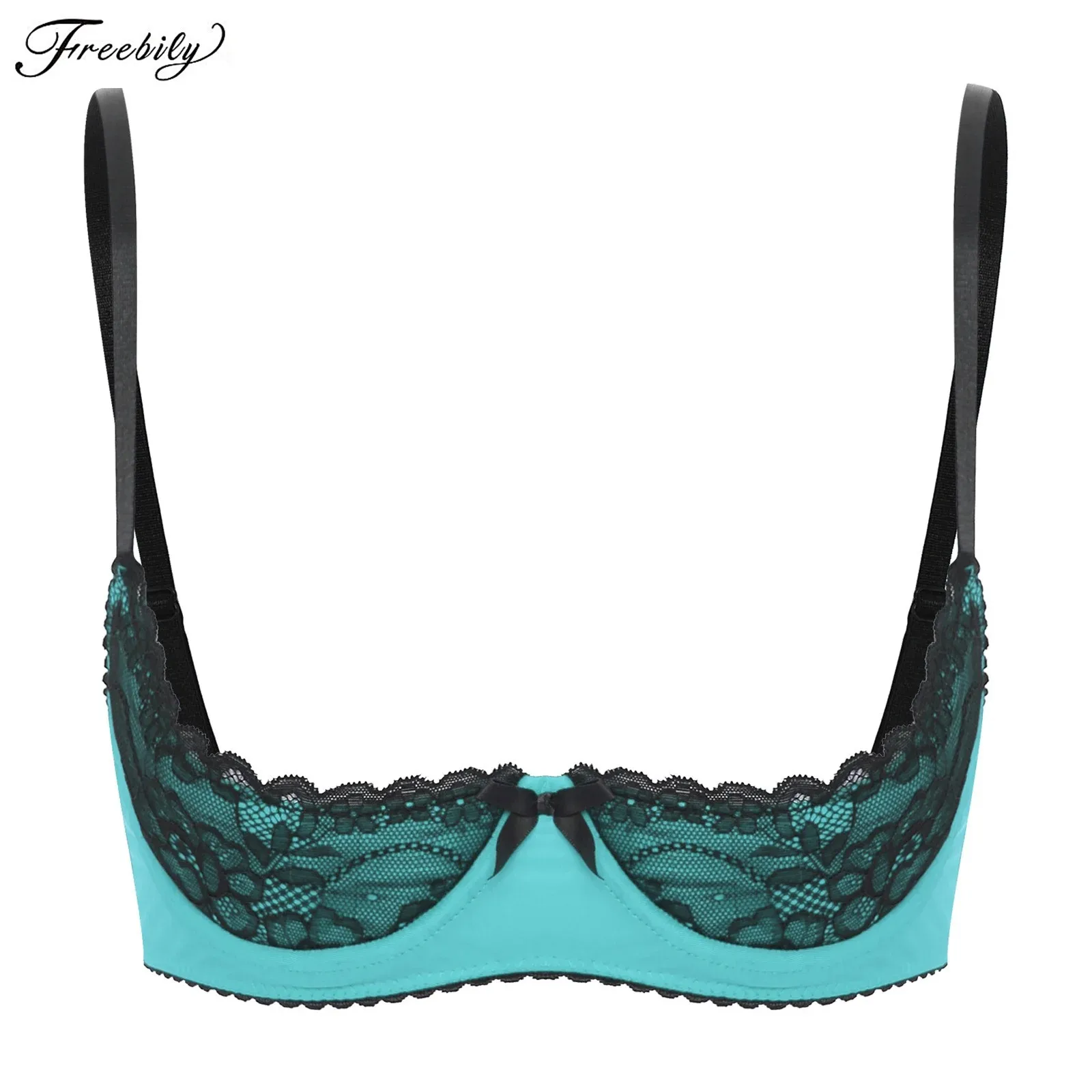 

Womens Sexy Lingerie Bra Adjustable Spaghetti Straps Underwire Half Cup Lace Push Up Balconette Contrast Bra Underwear