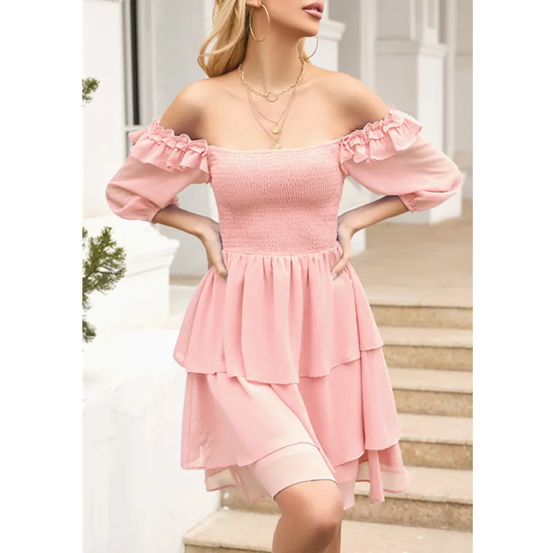 

Dresses for Women 2023 New Square Neck Pleated Chiffon Dress Ruffle Mini Long Bubble Sleeve Wedding Party Evening Dresses