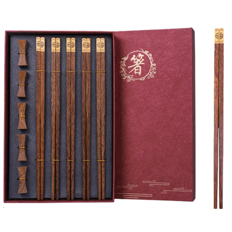 

Natural Wenge Wooden Chopsticks Gift Box Packaging High Quality Premium Wooden Household Cylindrical Tableware Set