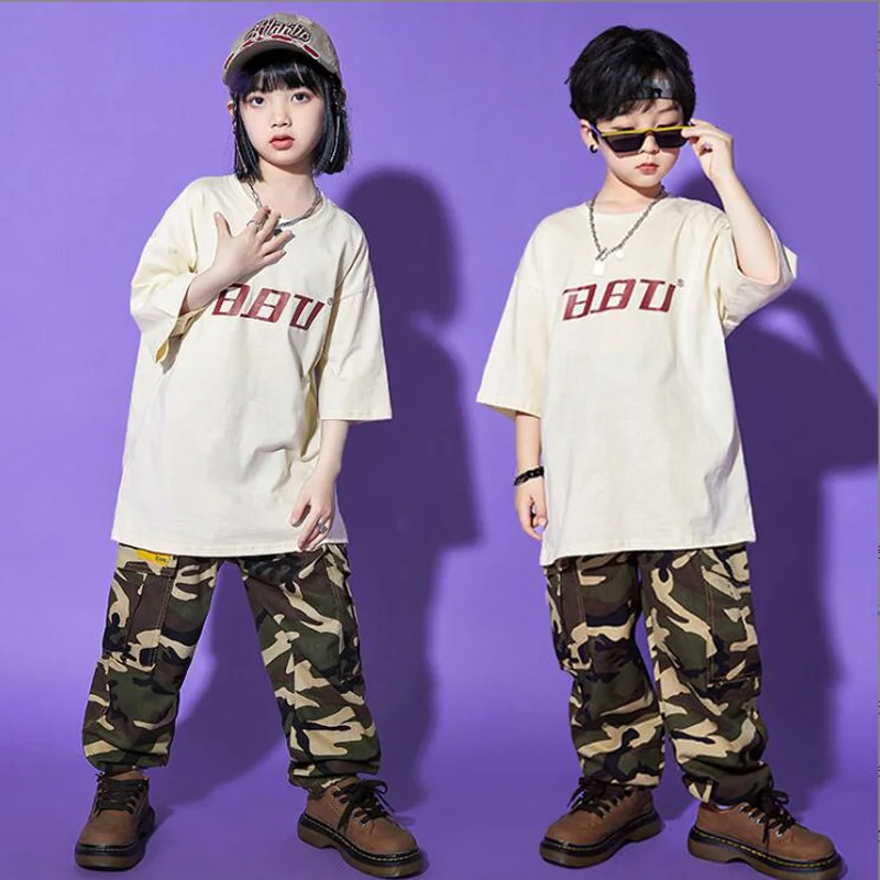 

Kids Concert Street Outfit Hip Hop Clothing White Tshirt Tops Denim Camo Pants For Girls Jazz Dance Costume Teenage Show Clothes