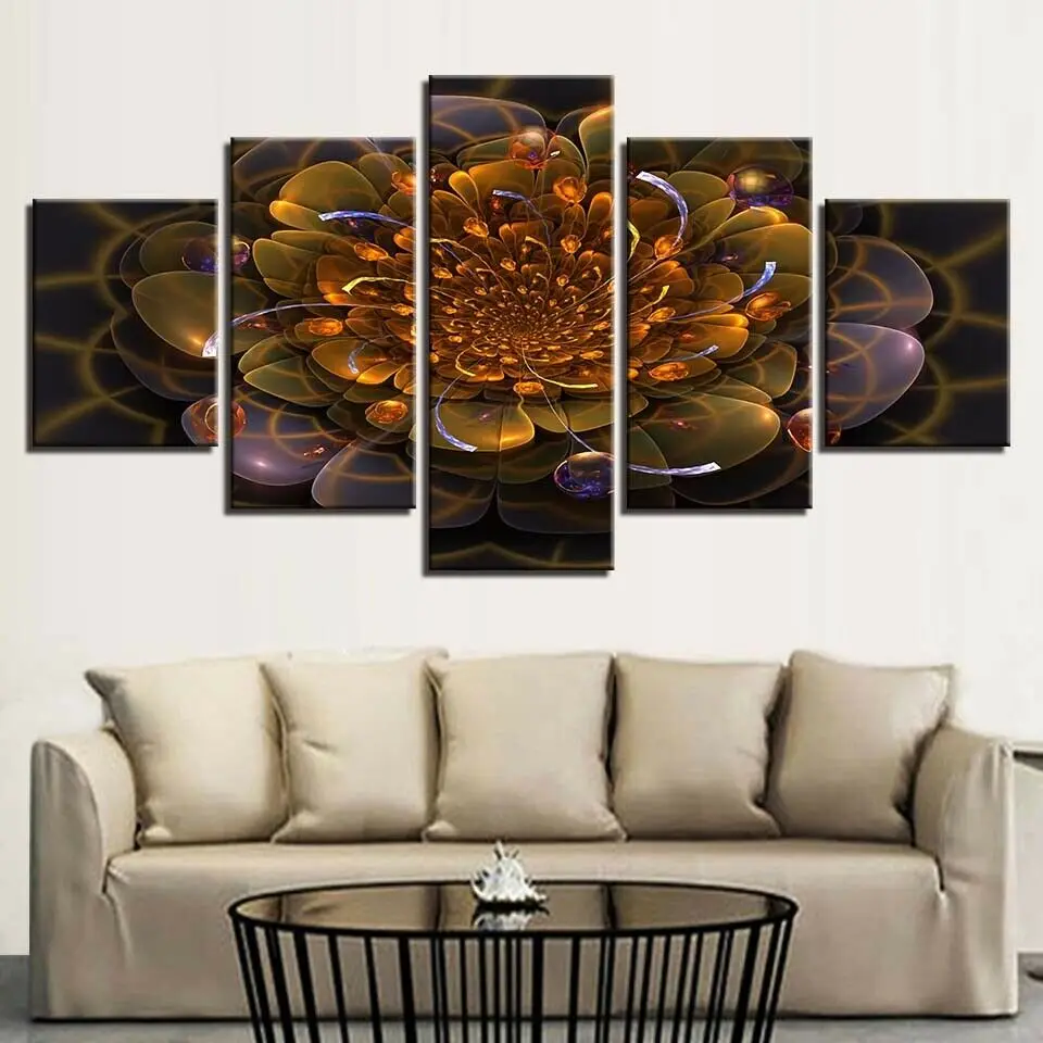 

Unframed 5Pcs Golden Rays Fractal Flower Cuadros Canvas HD Printed Posters Wall Art Picture Paintings for Living Room Home Decor