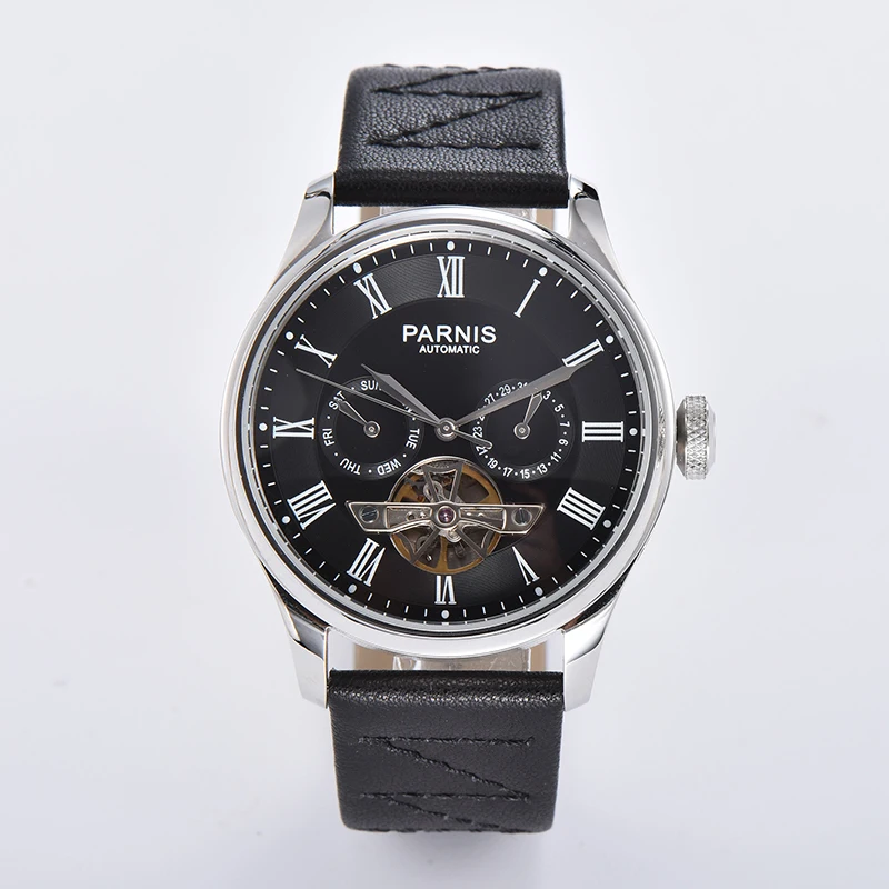 

2024 New Luxury Parnis 43mm Black Dial Automatic Mechanical Men Watch Leather Strap Calendar Men Waterproof Watch reloj hombre