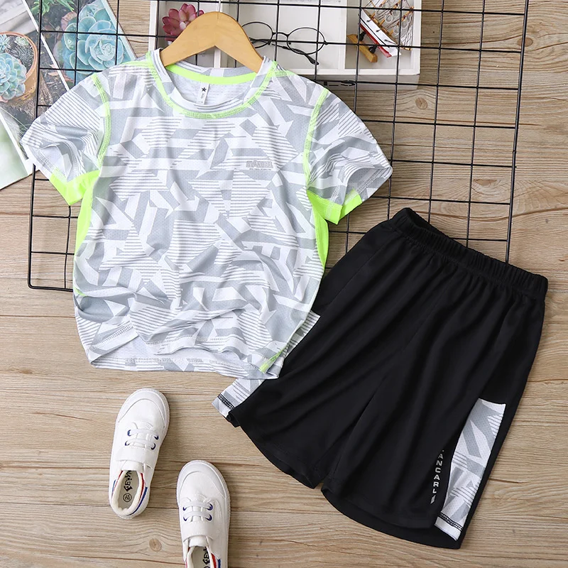 

Outdoor Quick-Dry Kids Top Summer T-Shirt + Shorts Moisture Wicking Baby Boys 2-Pieces Workout Sets 3-14 Years