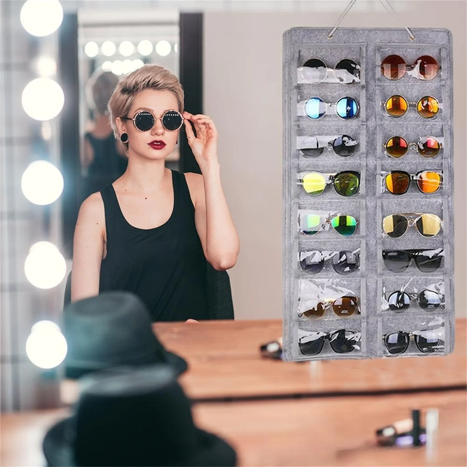 

Sunglasses Organizer Dustproof Wall Pocket Eyeglasses Stand Holder 16 Felt Slots Glasses Storage Display Collapsible Hanging Bag