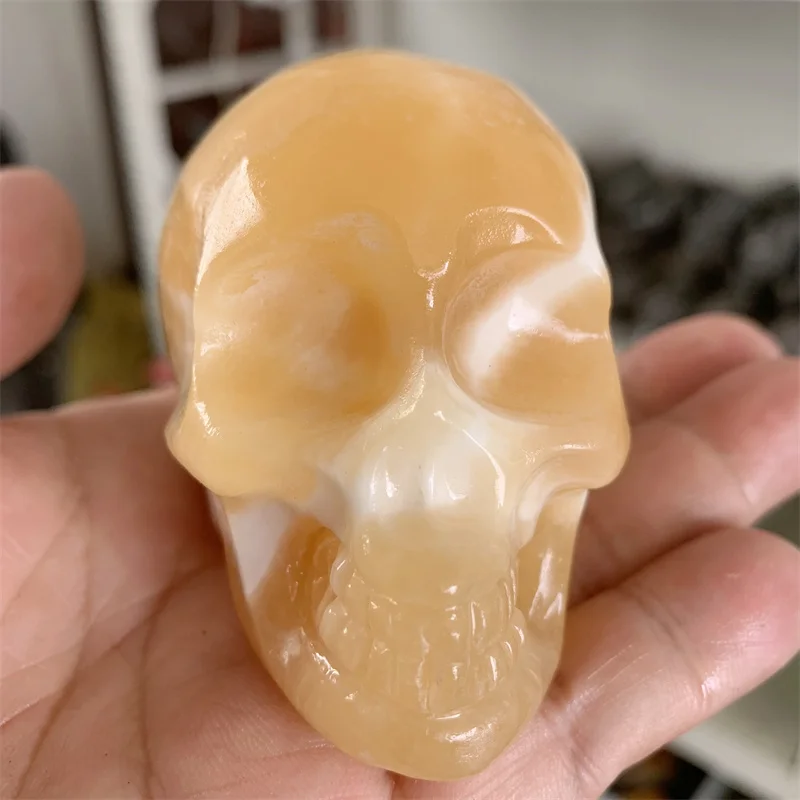 

8cm Natural Yellow Calcite Crystal Skulls Hand Carved Gemstone Healing For Home Decoration And Room Gift 1pcs