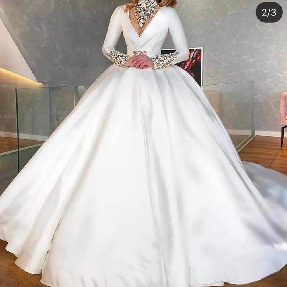 

Well Design Crystals Beads High Neck Muslim Wedding Dress Sweep Train Robe De Mariée Satin Ballgown Long Sleeves Bridal Gowns