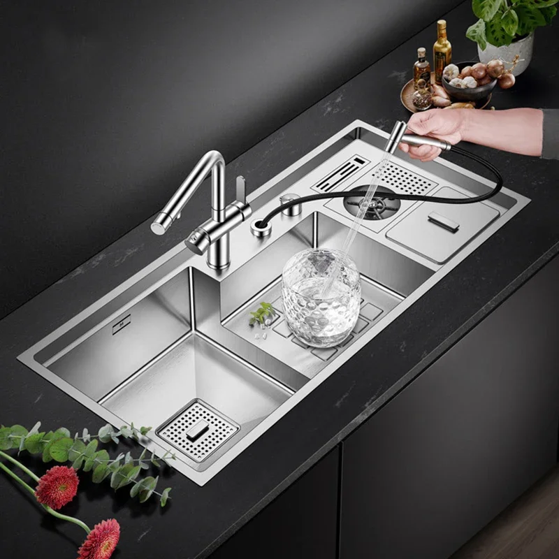 

Creative Kitchen Waterfall Sink Stainless Steel Topmount Sinks Black Nano Wash Basin Single Sink Knife Holder Multi-function