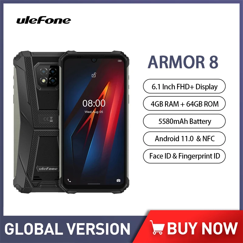 

Ulefone Armor 8 Rugged Smartphone Android 11 6.1" 4GB+64GB 16MP Triple Camera Face ID Fingerprint ID 5580mAh Cell Phone Use All