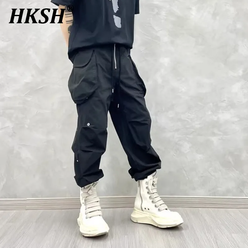 

HKSH Spring Summer New Men's Punk Dark High Street Retro Wide Leg Pocket Casual Pants Folded Chic Trendy Tactical Strap HK1520