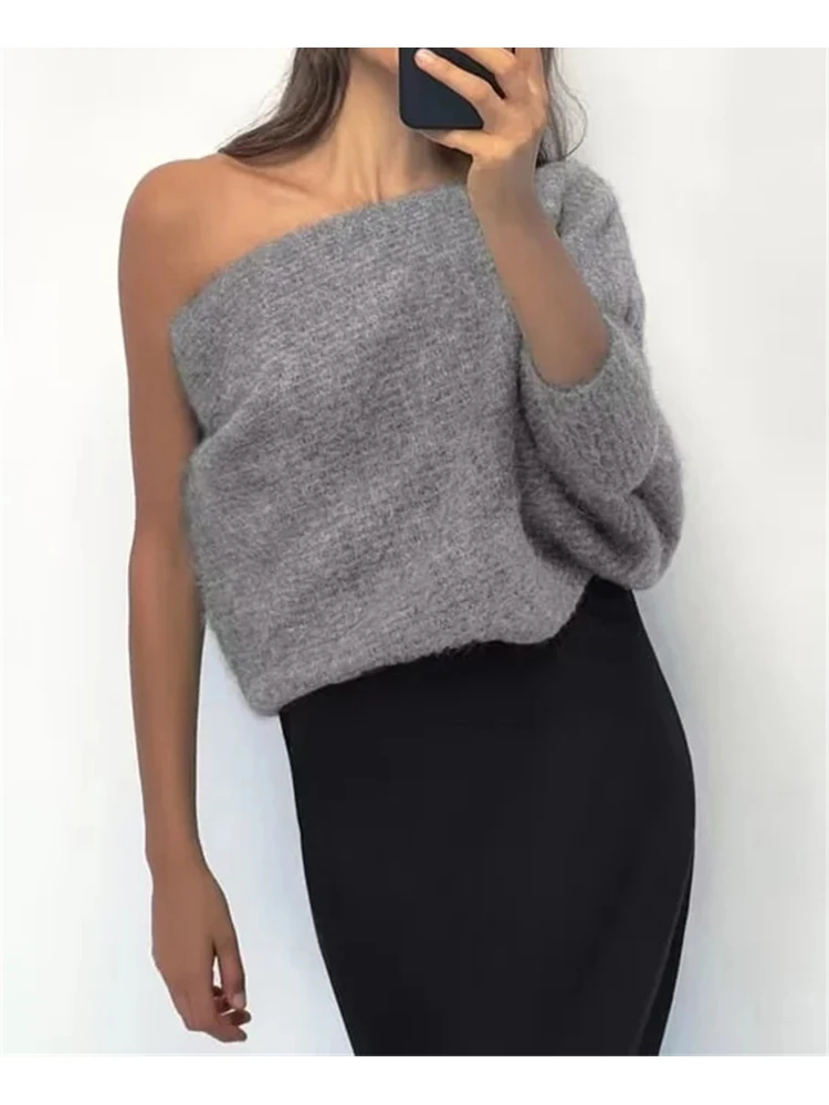 Women's Wool Blended Black Elastic Sweater Ladies Spring Autumn Fashion Asymmetrical Single Sleeve Gray Knitted Pullover Outwear
Women's Wool Blended Black Elastic Sweater Ladies Spring Autumn Fashion Asymmetrical Single Sleeve Gray Knitted Pullover Outwear