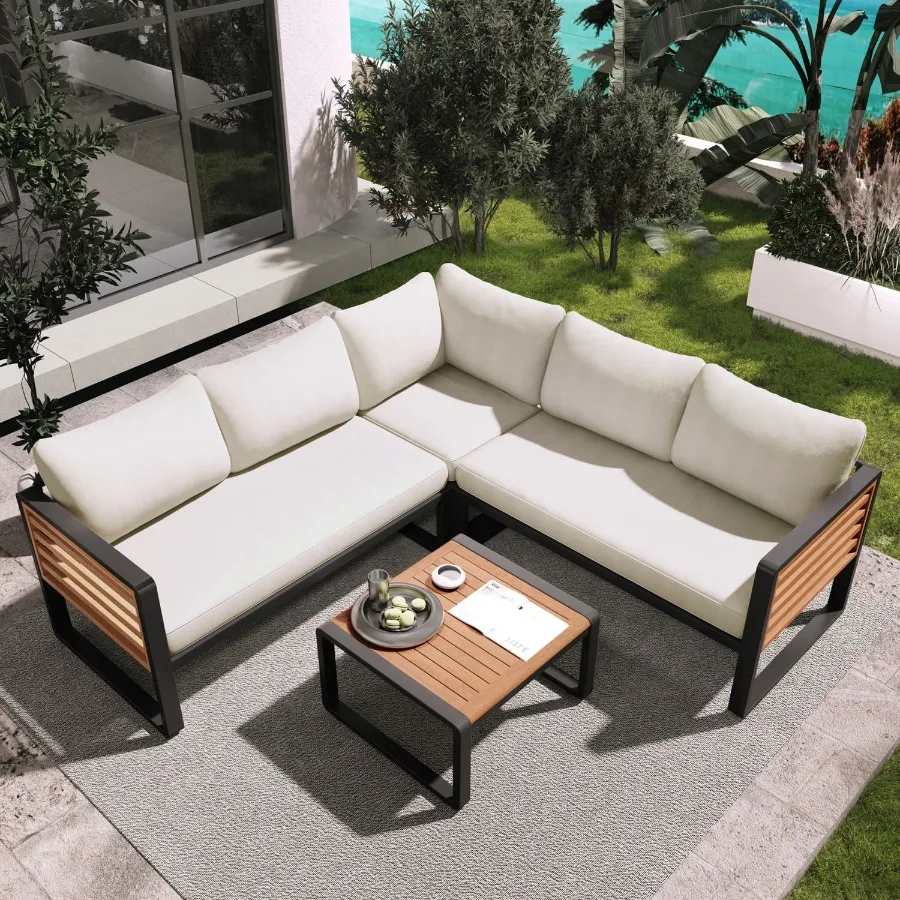 GO 4 Pieces Outdoor Patio Conservation Set Metal and Wood Frame Sectional Lshaped Sofa with Soft Cushion and a Coffee Tables fo GO 4 Pieces Outdoor Patio Conservation Set Metal and Wood Frame Sectional Lshaped Sofa with Soft Cushion and a Coffee Tables fo