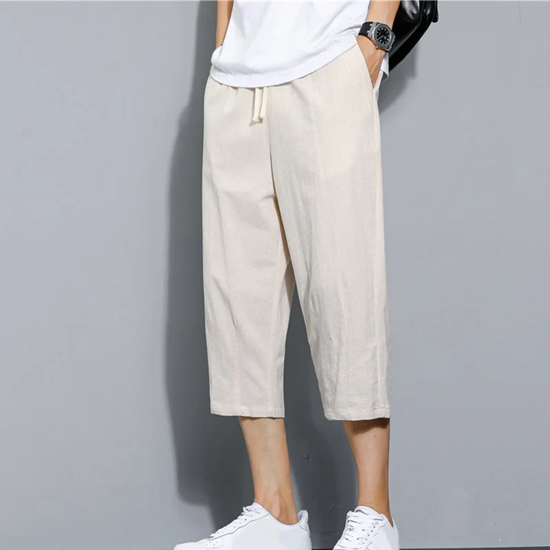 

Harem Beach Shorts Cotton Linen Capri Pants Mens Cargo Trouser Casual Elastic Waist Linen Baggy Drawstring Pocket Loose Shorts