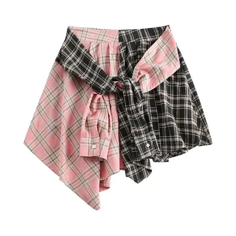 

Sports Style Fake Two-piece Contrasting Color Patchwork Plaid Skirt for Women's Summer High Waisted A-line Short Skirt