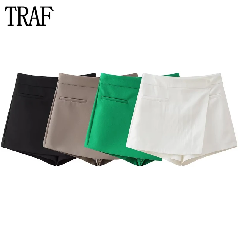 

TRAF 2024 Skirt Shorts for Women Asymmetric High Waist Shorts Women Spring Skort Bermuda Shorts Woman Streetwear Basic Shorts