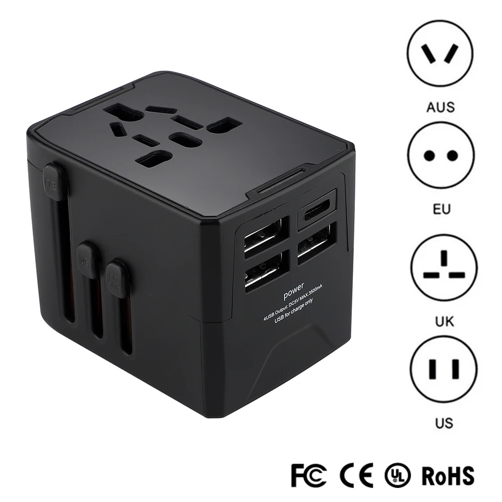 

Universal Travel Adapter 5-in-1 Travel Charger Plug with USB Type-C Fast Charging Multi-function EU/UK/USA/AUS Power Sockets