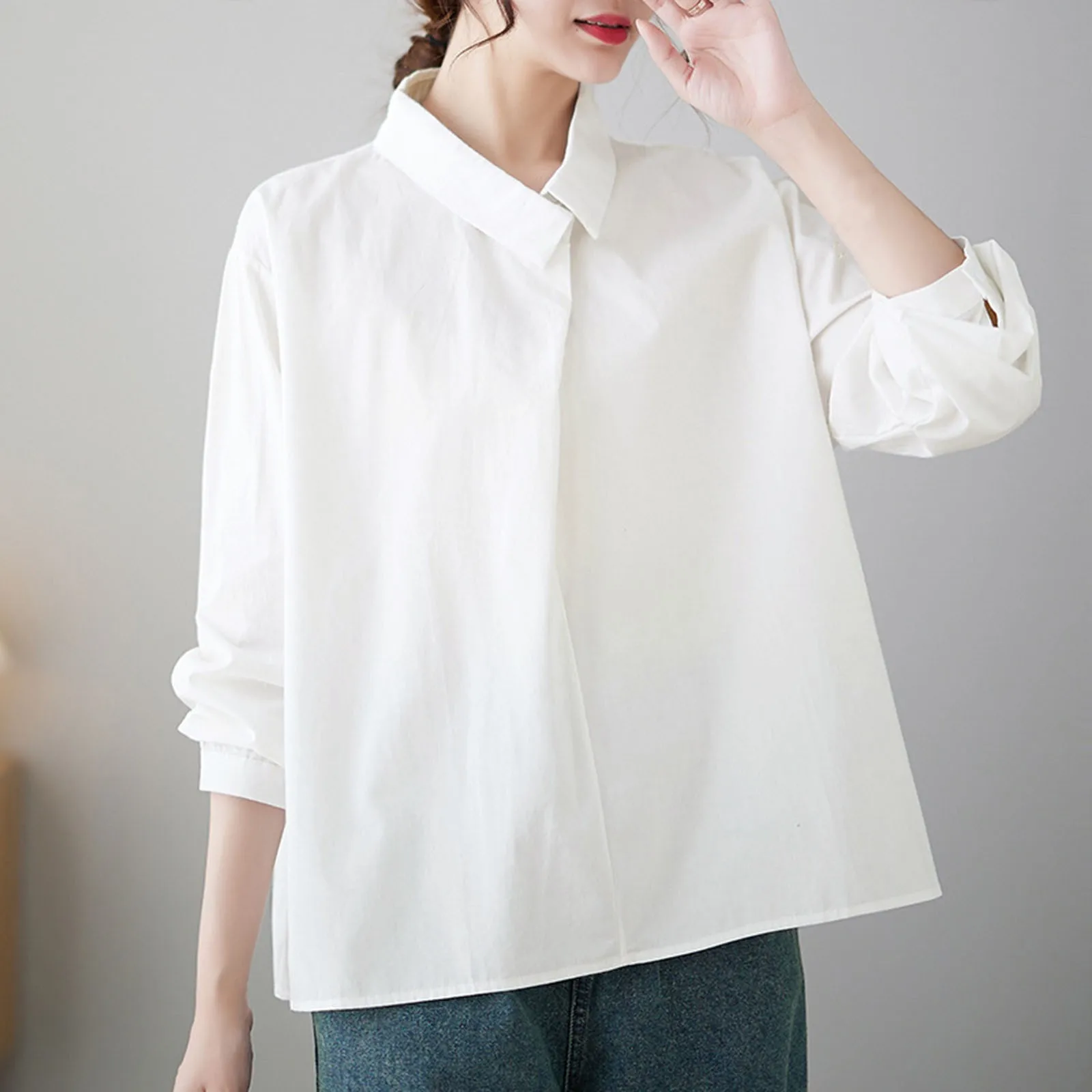 

2024 Women's Casual Solid T-Shirt Summer Turndown Collar Long Sleeve Crop Top Female Irregular Pullovers Comfy Thin Shirt Tops