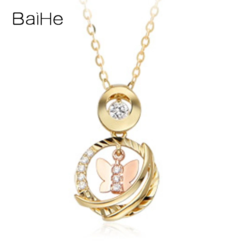 

BAIHE Solid 14K Yellow+Rose Gold H/SI Natural Diamond Bowknot Necklace Women Fine Jewelry Making łuk naszyjnik muince bogha